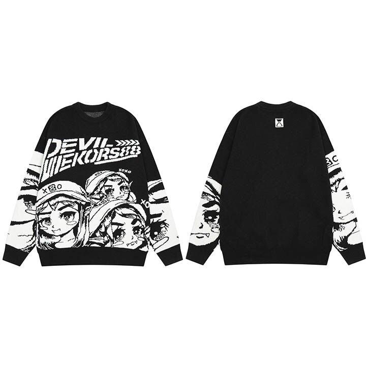 2022 Men Streetwear Sweater Japanese Anime Devil Racer Knitted Sweater Harajuku Cartoon Graphic Pullover Casual Sweater HipHop