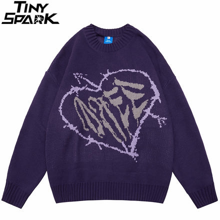 2022 Men Sweater Streetwear Heart Graphic Knitted Sweater Hip Hop Vintage Pullover Autumn Cotton Harajuku Retro Sweater Purple