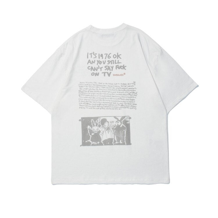 2022 Men Hip Hop Streetwear Retro T Shirt Bunny Letter Printed Harajuku Cotton T-Shirt Summer Short Sleeve Tops Tees Gray White