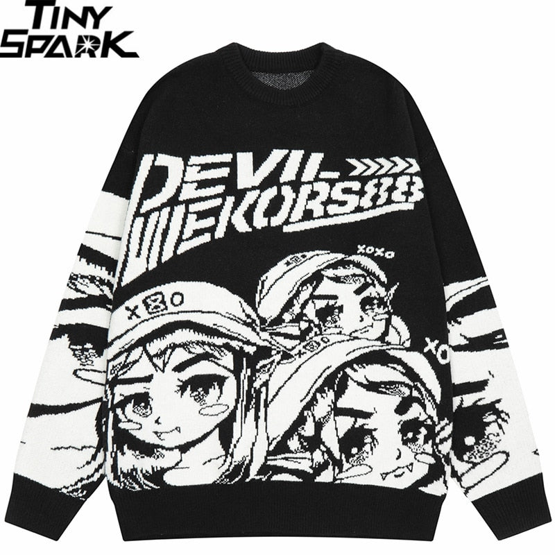 2022 Men Streetwear Sweater Japanese Anime Devil Racer Knitted Sweater Harajuku Cartoon Graphic Pullover Casual Sweater HipHop